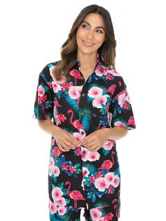 Lowes Hawaiian Shirt Black Flamingo & Hibiscus