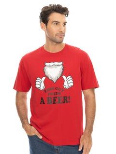 Lowes Mens Santa This Guy Needs A Beer T-shirt Red