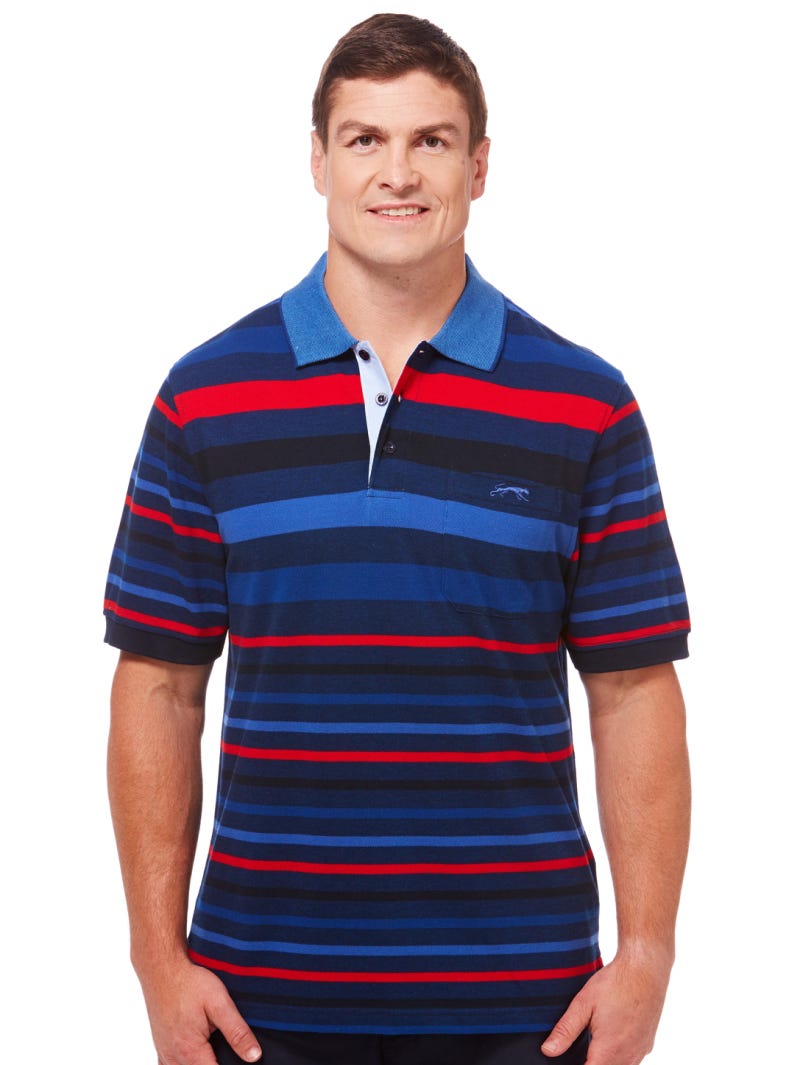 Blue and red striped polo shirt sales