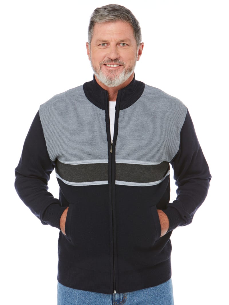 Elliotts Navy Grey Charcoal Zip Through Cardigan